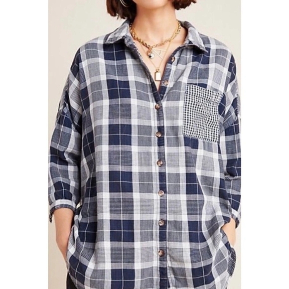 Anthropologie Tops - ANTHROPOLOGIE Pilcro The Bo Boyfriend Flannel Gingham Navy Blue Shirt | Size M/L